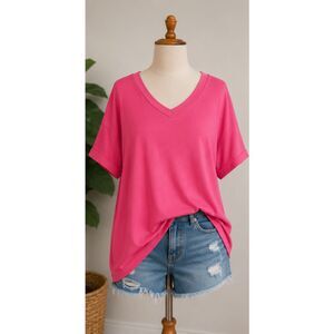 TANKANEO Women's Rose Red V-Neck Short Sleeve Casual Top
